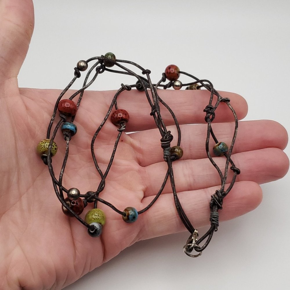 16 Inch 925 Sterling Silver & Leather Glass Orbs Handmade Worn Necklace
